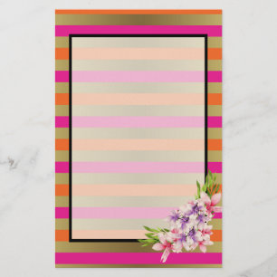 Magnolia on Pink & Faux Gold Stripes Stationery