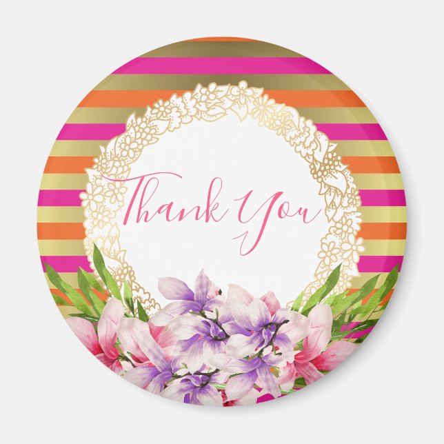 Magnolia on Pink & Faux Gold Stripes Thank You Magnet (Front)