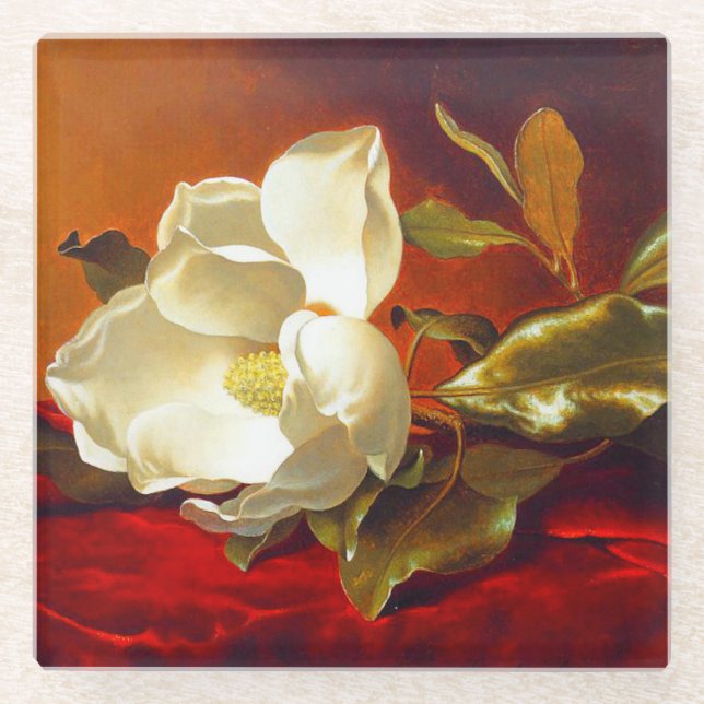 Magnolia on Red Velvet Martin Johnson Heade Glass Coaster (Front)