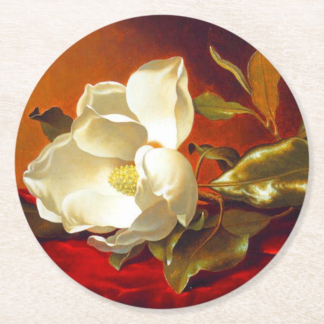 Magnolia on Red Velvet Martin Johnson Heade Round Paper Coaster (Front)