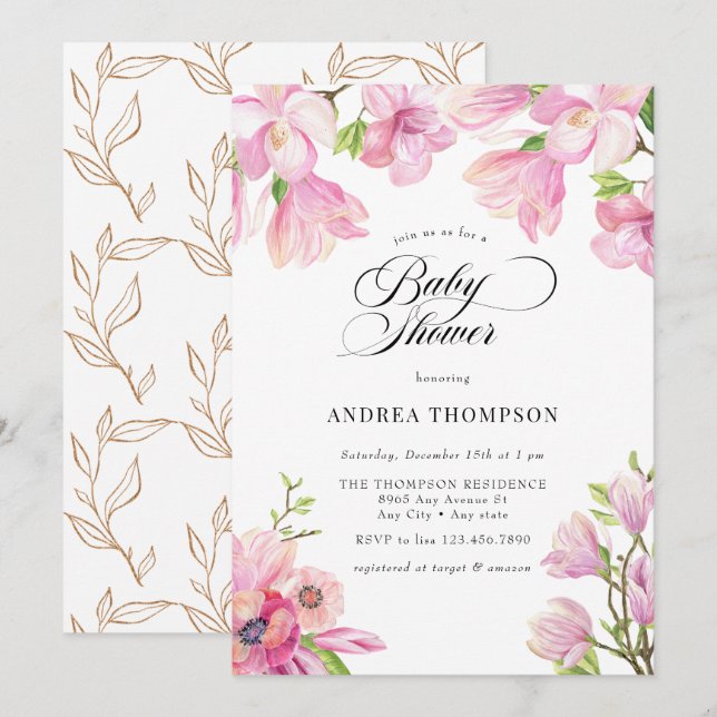  Magnolia | Pink Floral Baby Shower  Invitation (Front/Back)