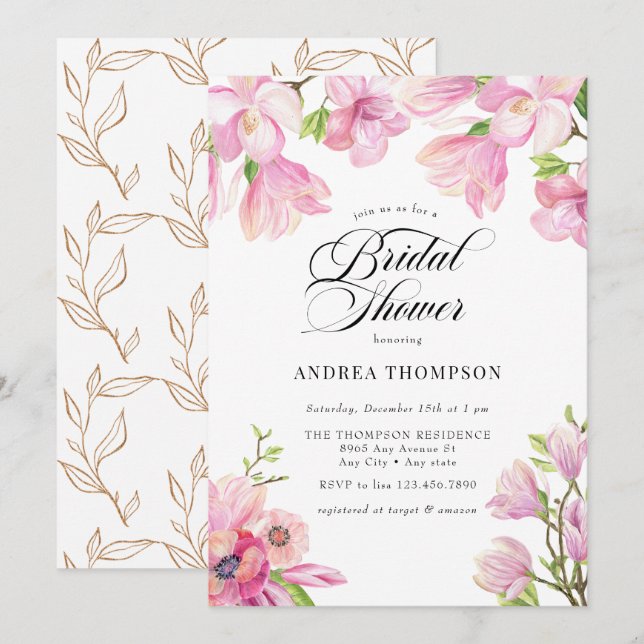  Magnolia | Pink Floral Bridal Shower  Invitation (Front/Back)
