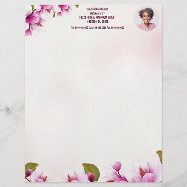 Magnolia Pink Floral Business Photo Custom Letterhead (Front)
