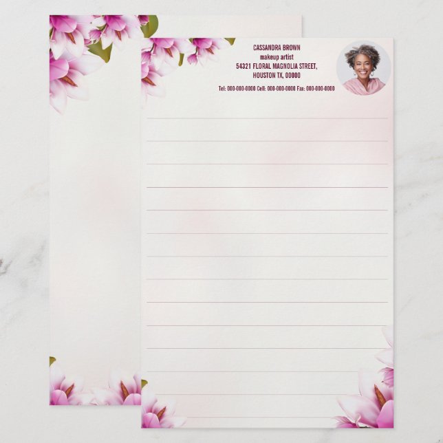 Magnolia Pink Floral Business Photo Stationery (Front/Back)