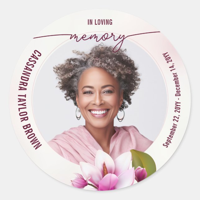Magnolia Pink Floral Memorial Classic Round Sticker (Front)