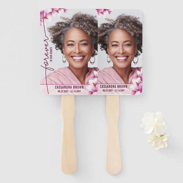Magnolia Pink Floral Memorial Hand Fan (Front and Back)