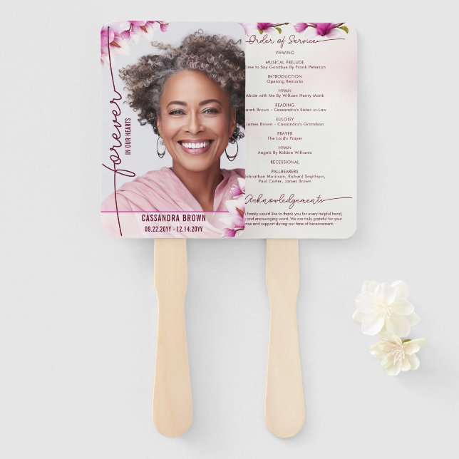 Magnolia Pink Floral Order of Service Hand Fan (Front and Back)