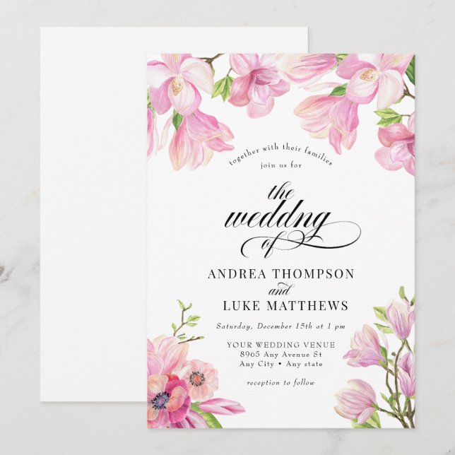  Magnolia | Pink Floral Wedding Invitations (Front/Back)