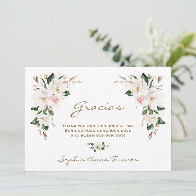 Magnolia Pink Flower Spanish Gracias Baby Shower  Thank You Card (Standing Front)