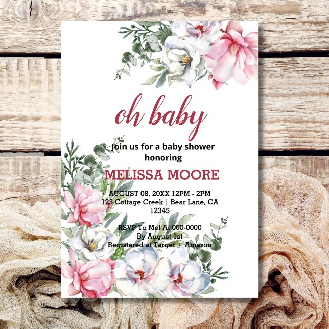 Magnolia pink white baby shower  invitation (Creator Uploaded)