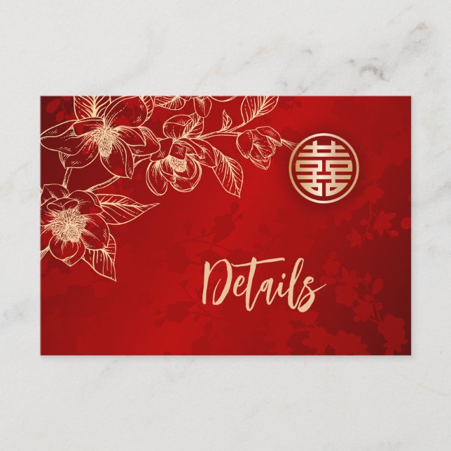 Magnolia Red Chinese Wedding Details Enclosure Card (Front)