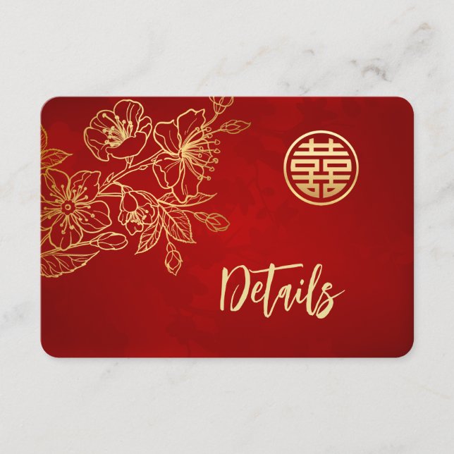 Magnolia Red  Gold Chinese Wedding Details Enclosure Card (Front)