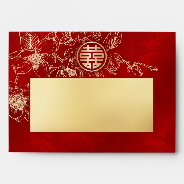 Magnolia Red Gold Chinese Wedding Envelope (Front)