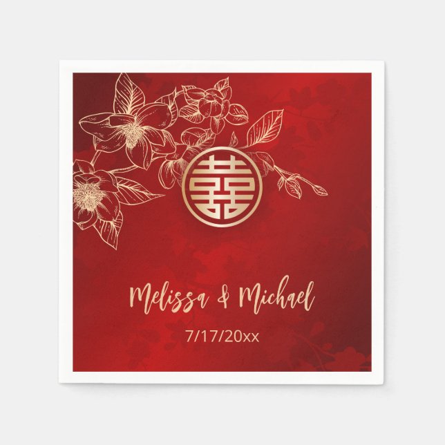 Magnolia Red Gold Chinese Wedding  Napkin (Front)