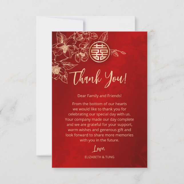 Magnolia  Red Gold Chinese Wedding Thank You Card (Front)