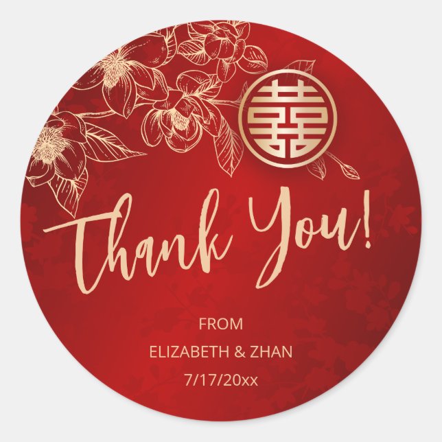 Magnolia Red Gold Chinese Wedding Thank You Classic Round Sticker (Front)