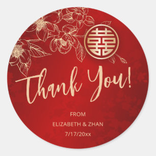 Magnolia Red Gold Chinese Wedding Thank You Classic Round Sticker