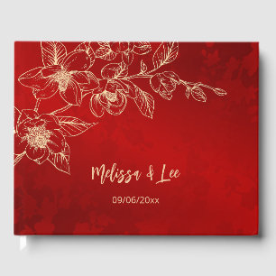 Magnolia Red Gold Christmas Wedding Guest Book