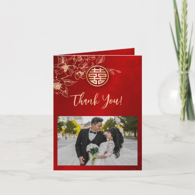 Magnolia Red Gold Photo Chinese Wedding Thank You Card (Front)