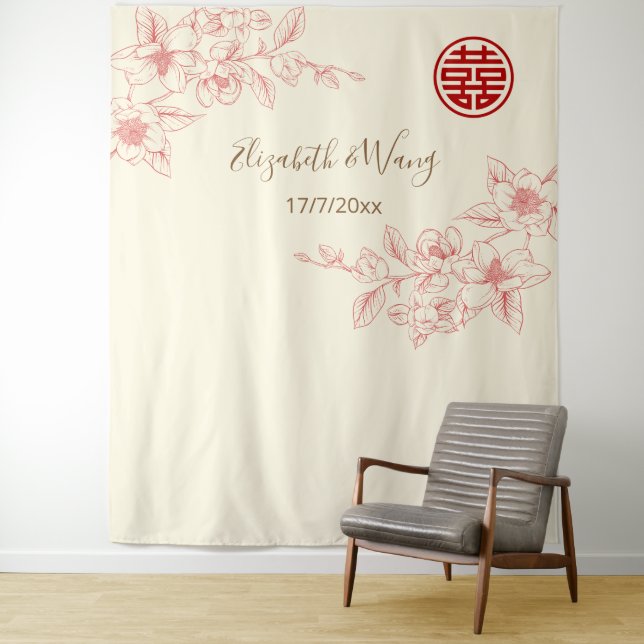 Magnolia Red Pink Cream Chinese Backdrop Tapestry (In Situ)