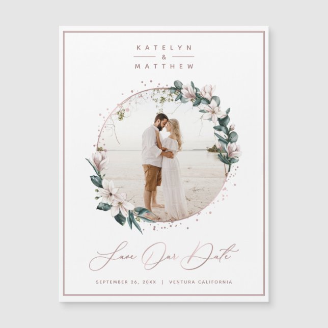 Magnolia & Rose Gold Circle Photo Save The Date (Front)