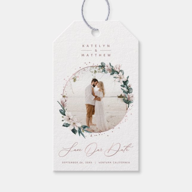 Magnolia & Rose Gold Circle Photo Save The Date Gift Tags (Front)