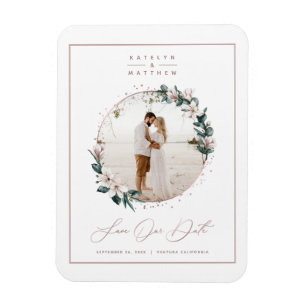 Magnolia & Rose Gold Circle Photo Save The Date Magnet