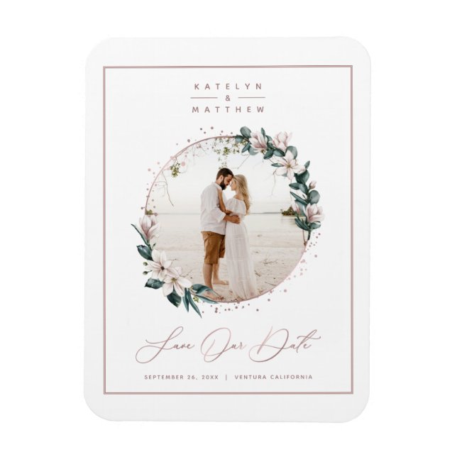 Magnolia & Rose Gold Circle Photo Save The Date Magnet (Vertical)