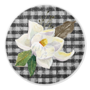 Magnolia Rustic Farmhouse Black n White Gingham Ceramic Knob