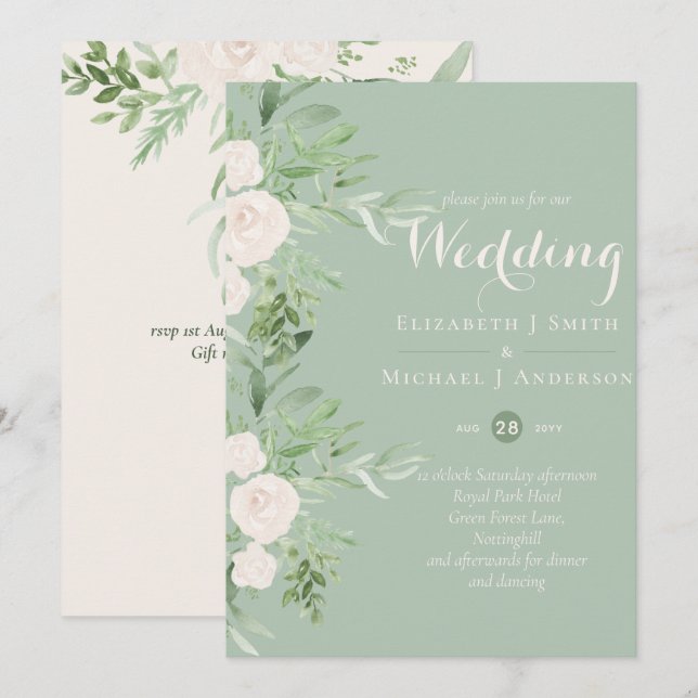 Magnolia Sage Green Floral Wedding Invites (Front/Back)