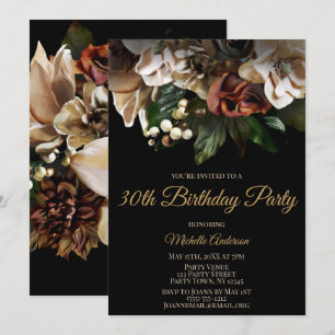 Magnolia Top Gold and Black Floral Birthday Invitation