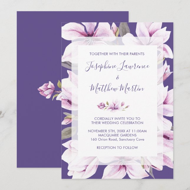 Magnolia Violet Floral Wedding Invitations (Front/Back)