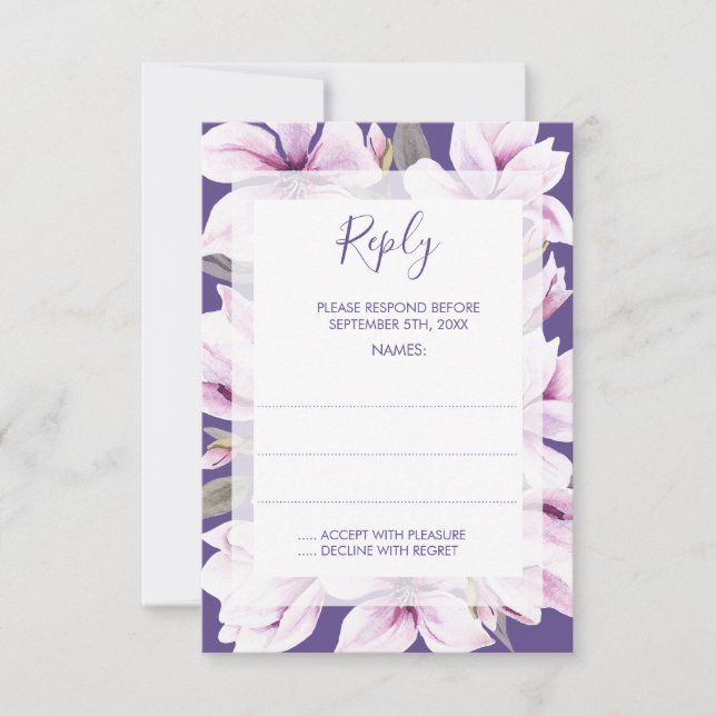 Magnolia Violet Floral Wedding Reply Cards (Front)