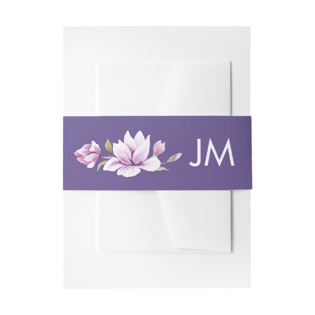 Magnolia Violet Monogram Floral Wedding Invitation Belly Band (Front Example)