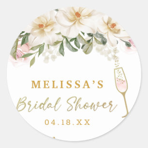 Magnolia Watercolor Champagne Glass Bridal Shower Classic Round Sticker