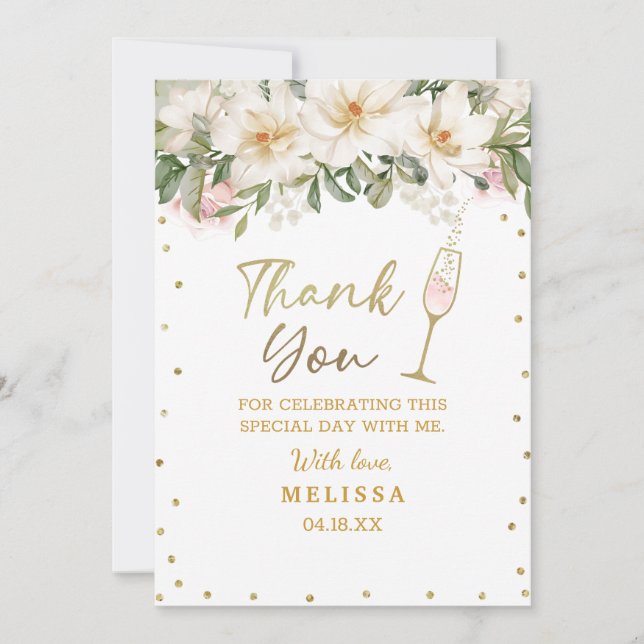 Magnolia Watercolor Champagne Glass Bridal Shower Thank You Card (Front)
