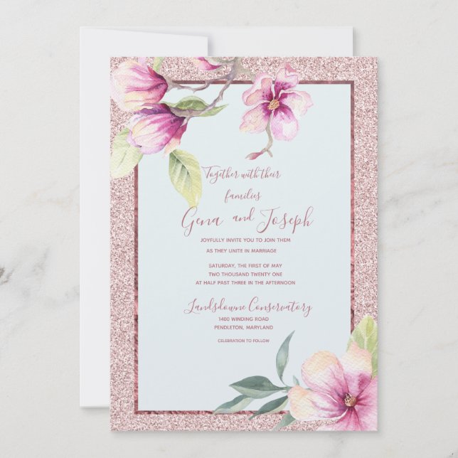 Magnolia Watercolor Crystal Pink Glitter Invitation (Front)