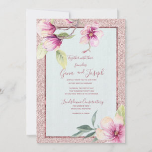 Magnolia Watercolor Crystal Pink Glitter Invitation