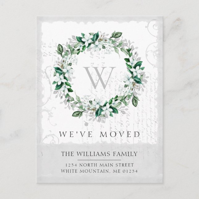 Magnolia Watercolor Floral Wreath  Monogram Moving Announcement Postcard (Front)