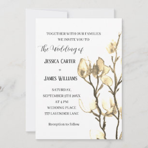 Magnolia Watercolor Rustic Ivory Cotton Wedding Invitation