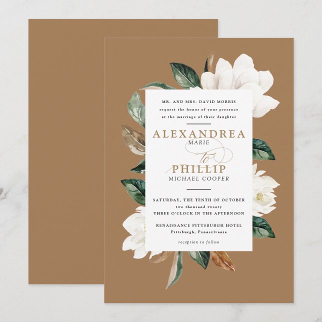 Magnolia Wedding Invitation | Gold (Front/Back)