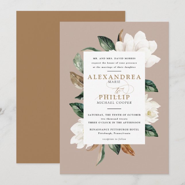 Magnolia Wedding Invitation | Tan (Front/Back)