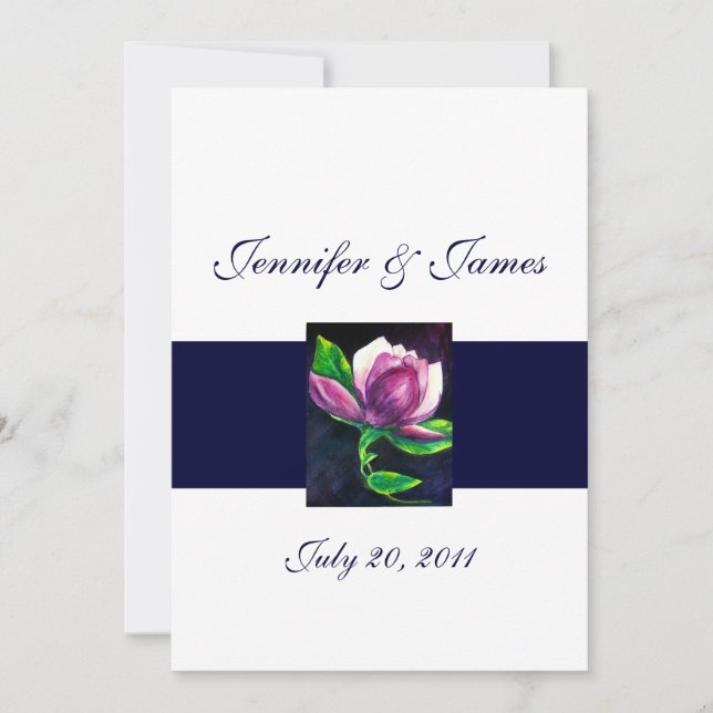 Magnolia Wedding Invitations Pink Navy (Front)