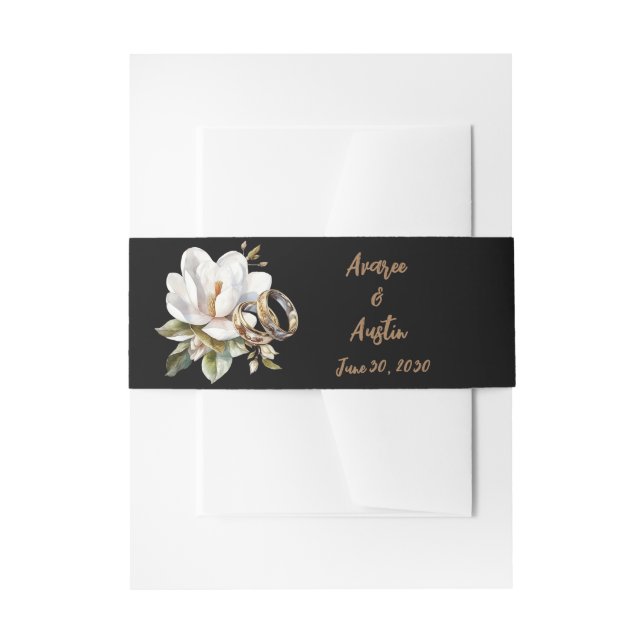 Magnolia Wedding Rings Gold and Black Invitation Belly Band (Front Example)