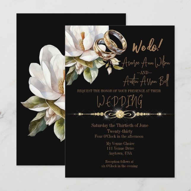 Magnolia Wedding Rings Gold and Black Wedding Invitation (Front/Back)