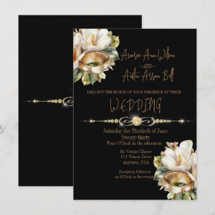 Magnolia Wedding Rings Gold and Black Wedding Invitation
