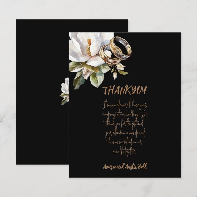 Magnolia Wedding Rings Gold and Black Wedding Thank You Card (Front/Back)