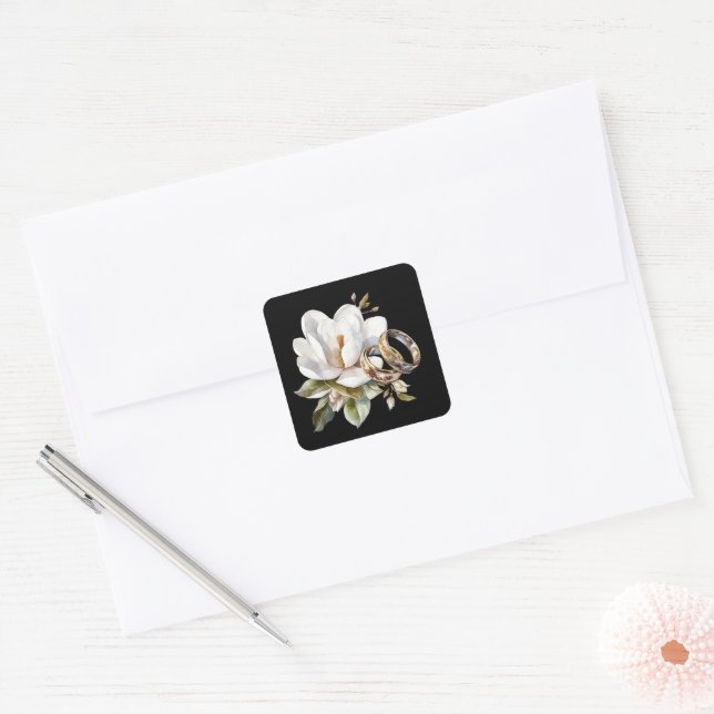 Magnolia Wedding Rings Gold Black  Square Sticker (Envelope)