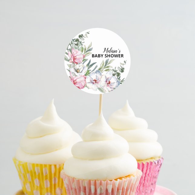 Magnolia White Blush Pink Floral Cupcake Toppers Classic Round Sticker (Creator Uploaded)