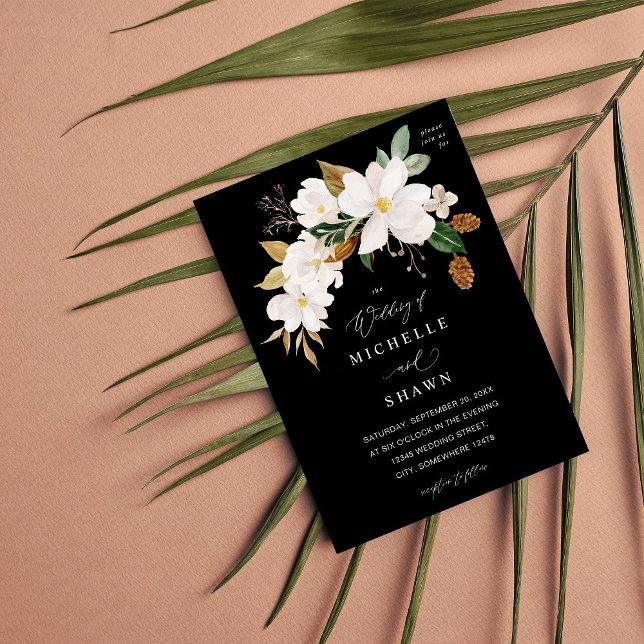 Magnolia White Floral Wedding - Black Invitation (Creator Uploaded)